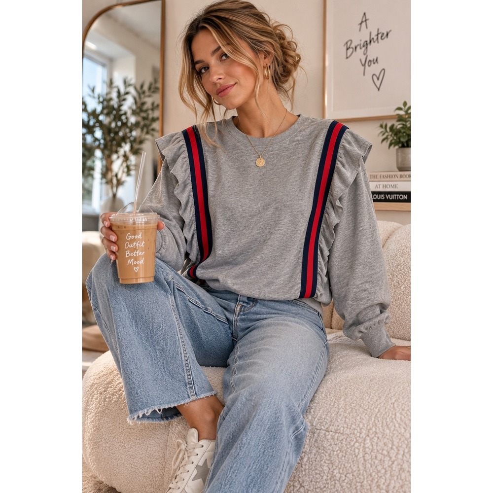 BB Dakota Sweatshirt Women Small Gray Ruffle Preppy Streetwear BJ305931